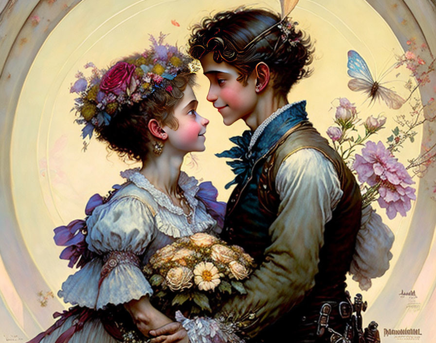 Romantic couple in vintage attire with golden halo, butterflies, and flowers