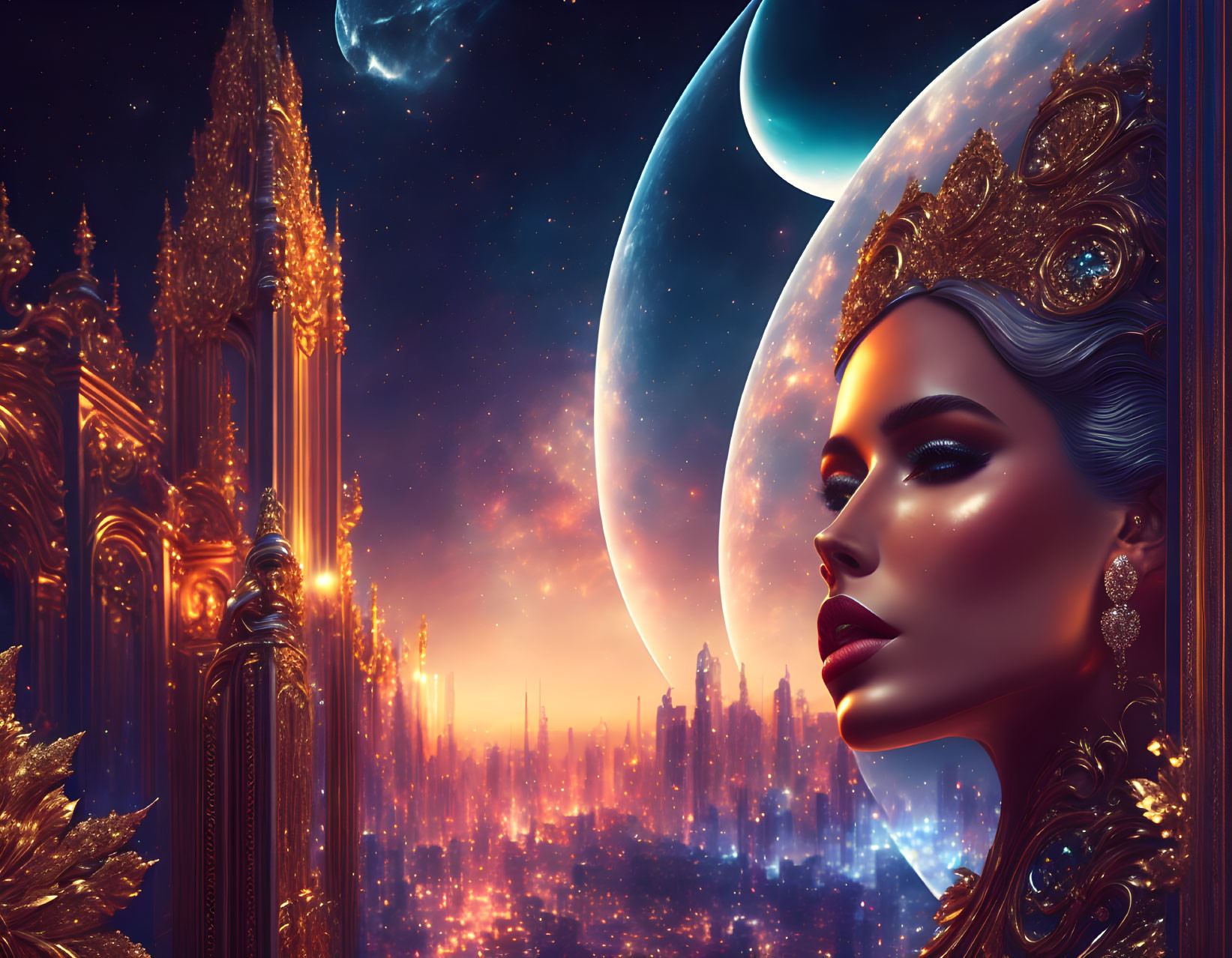 Regal woman with golden crown in futuristic city under crescent moon