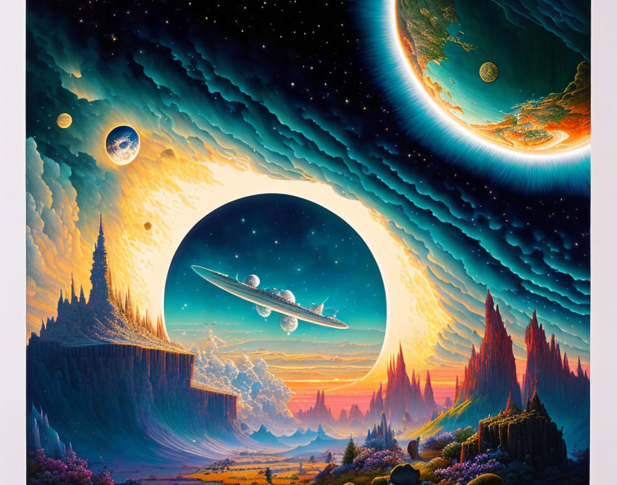 Colorful Sci-Fi Landscape with Temples, Forests, and Spaceship Flying to Portal