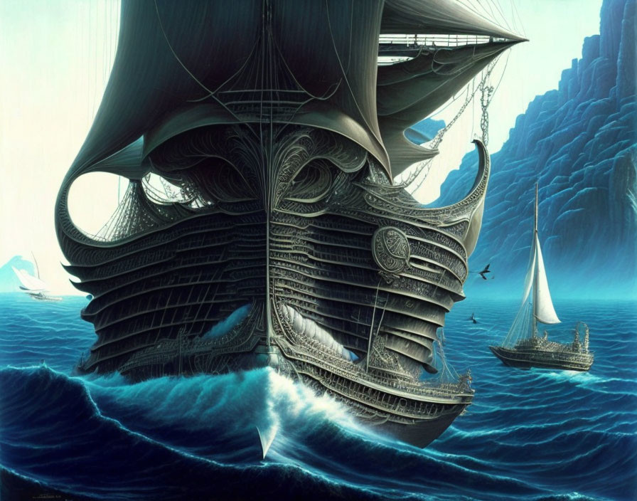 Fantastical ship with intricate carvings navigating turbulent seas