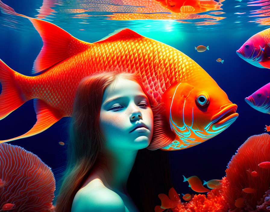 Person Submerged with Vibrant Orange Fish in Dreamlike Underwater Scene