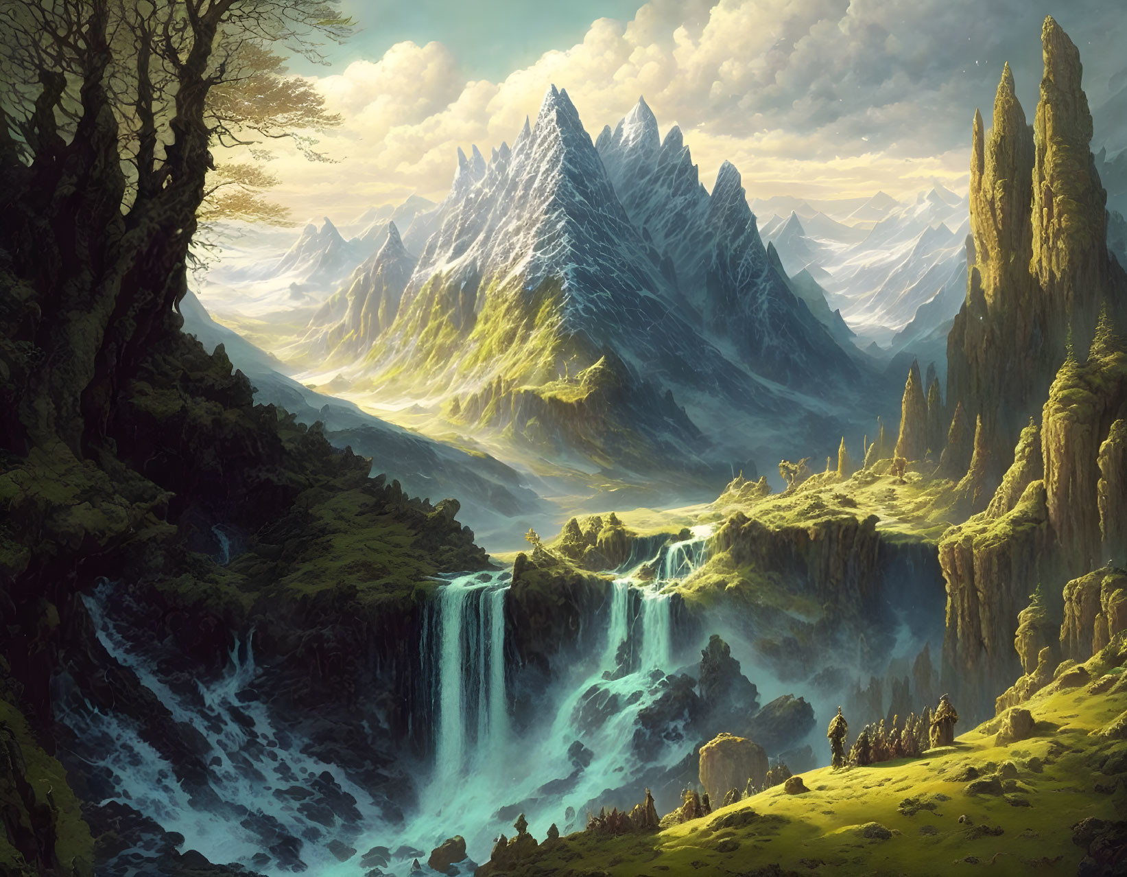 Tranquil Fantasy Landscape with Waterfalls, Mountains, and Sunlit Sky