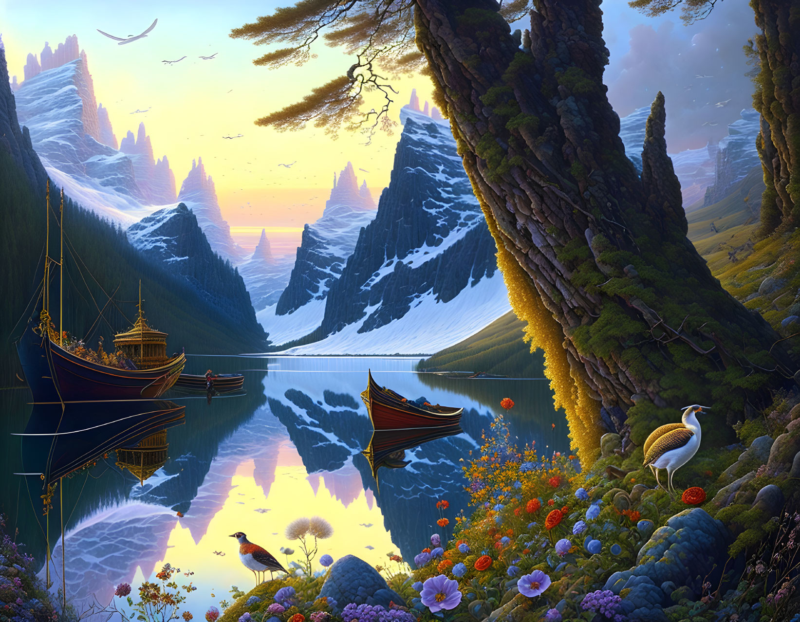 Tranquil lake with boats, lush trees, flowers, and birds in serene sunrise landscape