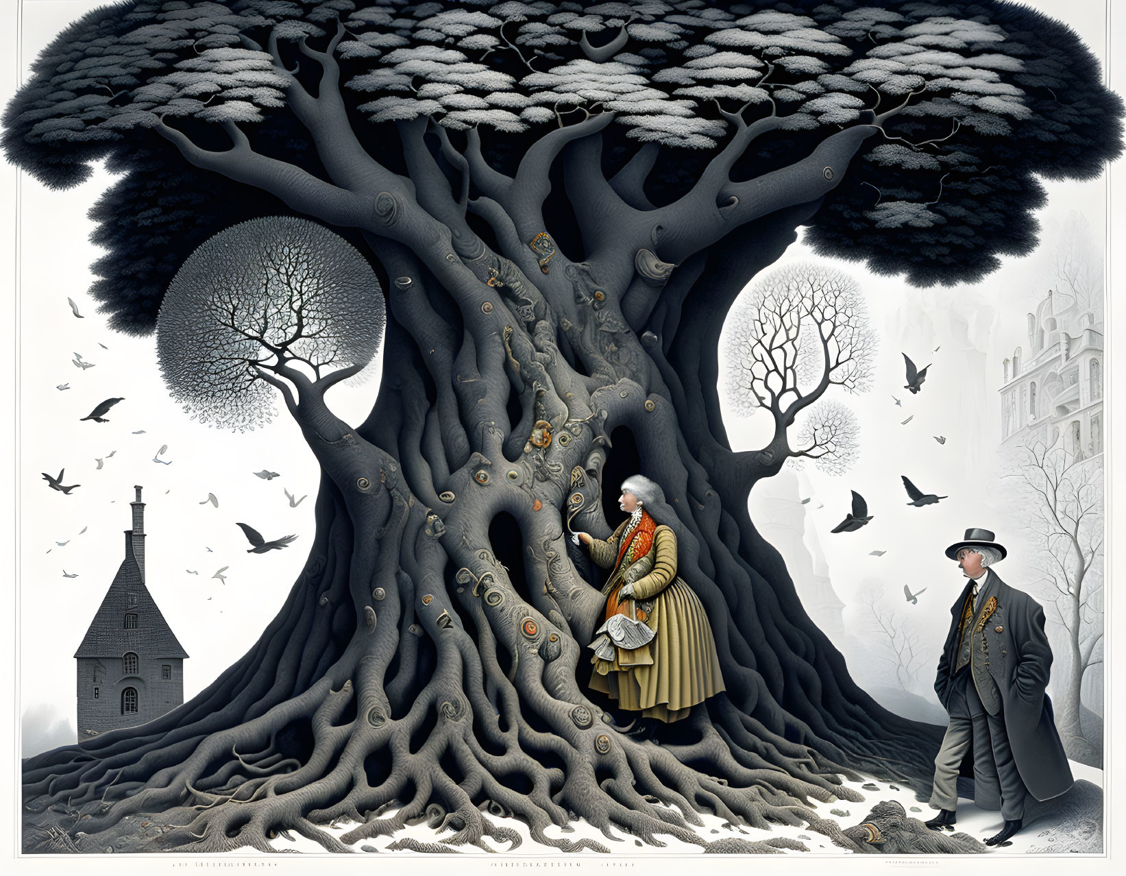 Surrealist artwork: oversized tree, couple in vintage clothes, birds, smaller trees