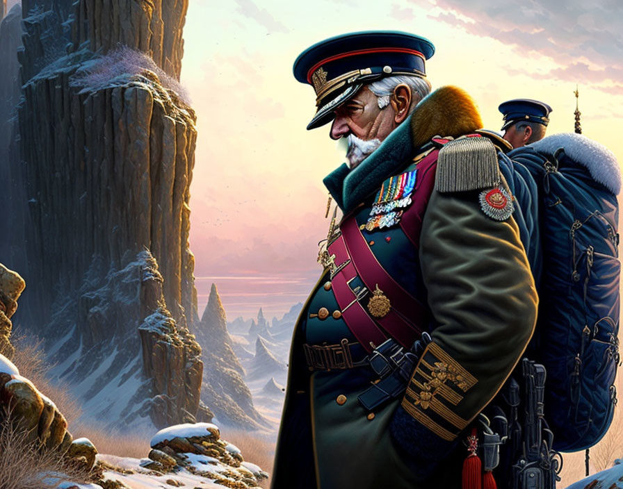 Military figures in ornate uniforms overlooking snowy mountain landscape at sunset