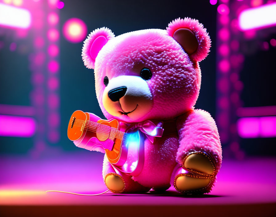 Pink plush teddy bear playing small orange guitar on stage with colorful lighting