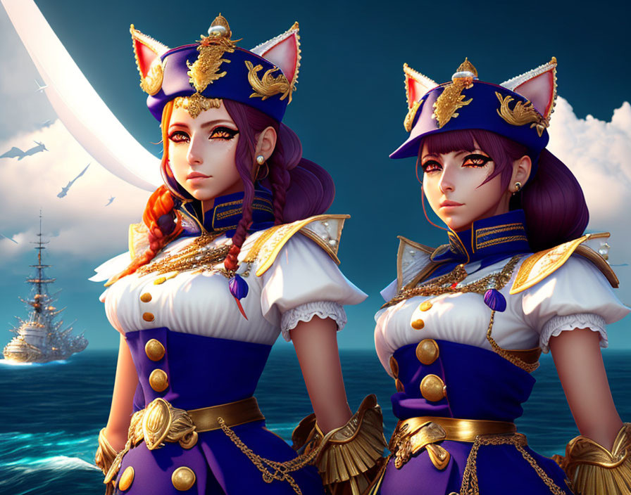 Ornate naval-style uniforms with animated characters in crescent moon setting