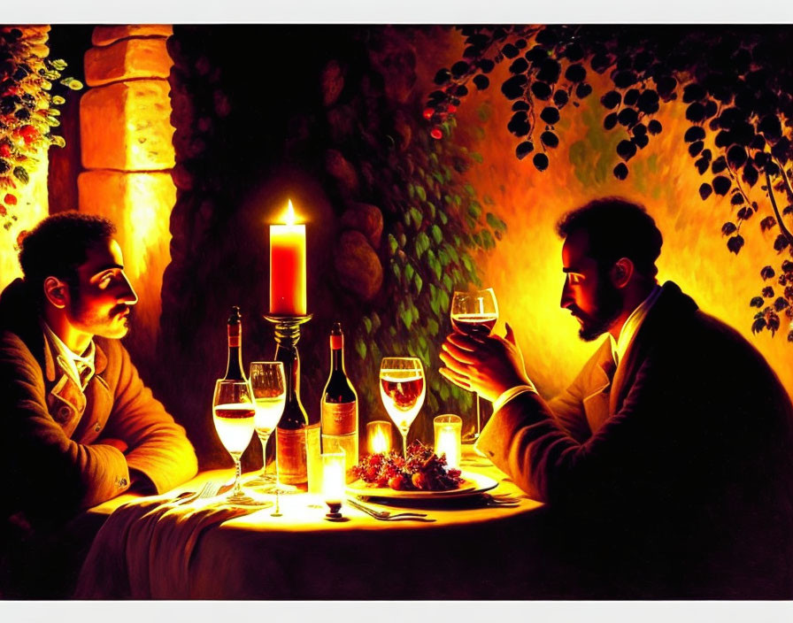 Intimate dinner setting with two people conversing by candlelight