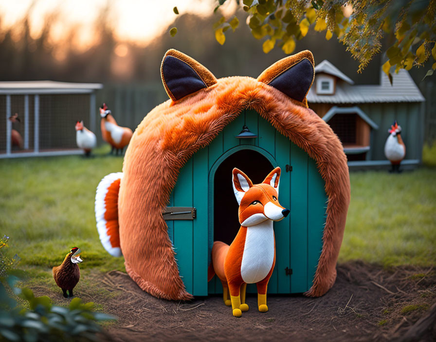 Whimsical outdoor scene: fox-shaped chicken coop with live chickens at sunset