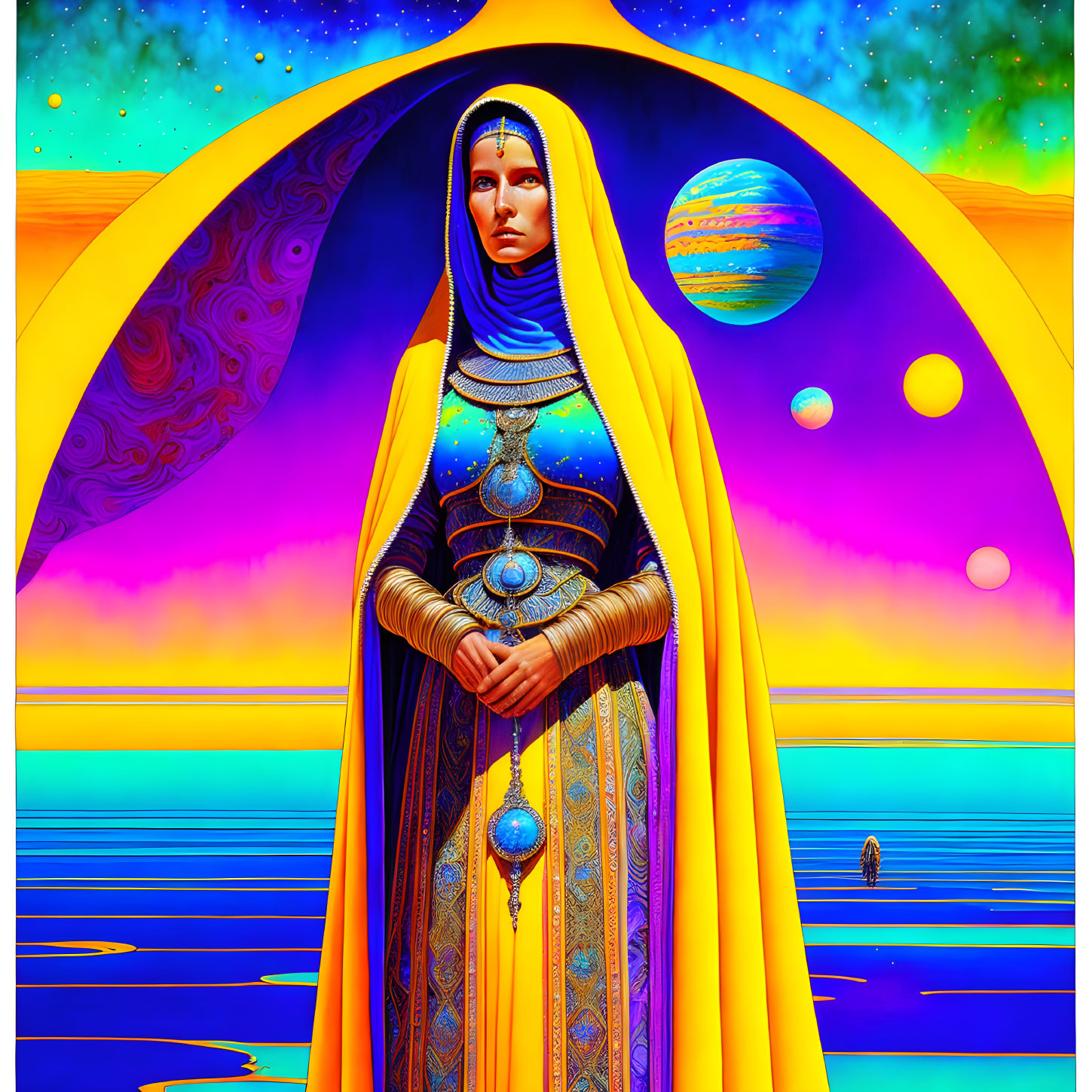 Colorful digital art: Robed woman in cosmic landscape with planets