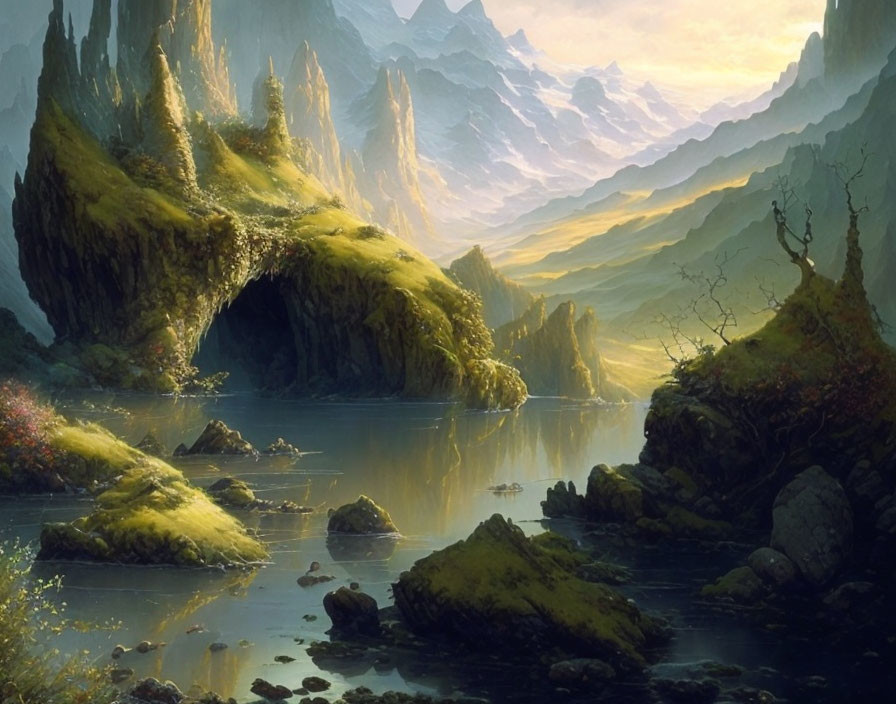 Serene fantasy landscape with river, greenery, cliffs & cave