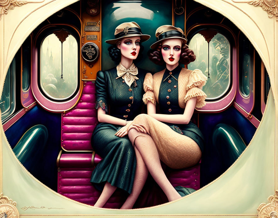 Stylized women in vintage attire in luxurious train carriage