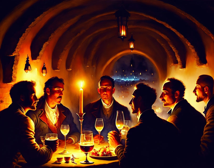 Men in Discussion Around Candlelit Table in Dim Room