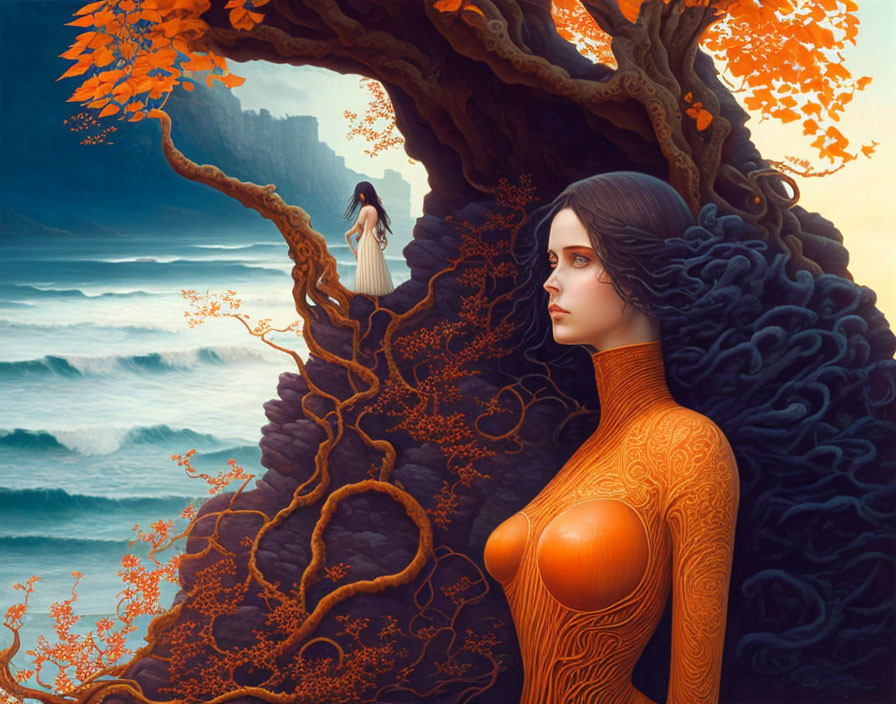 Surreal artwork of woman with intricate patterns by autumn tree