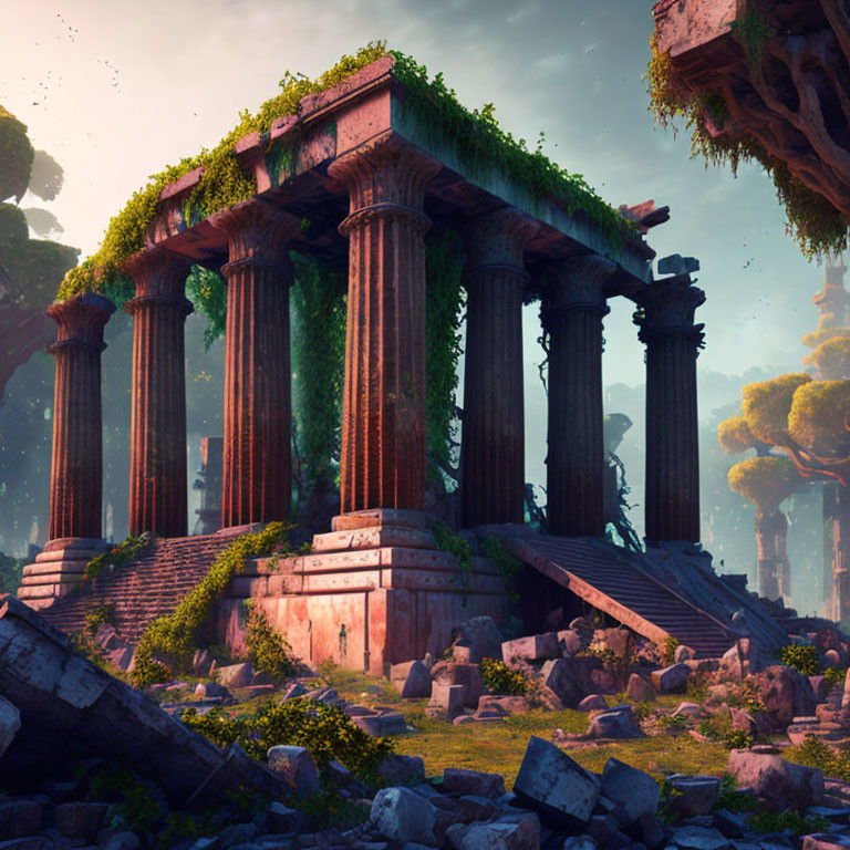 Ancient temple with Corinthian columns in serene forested landscape