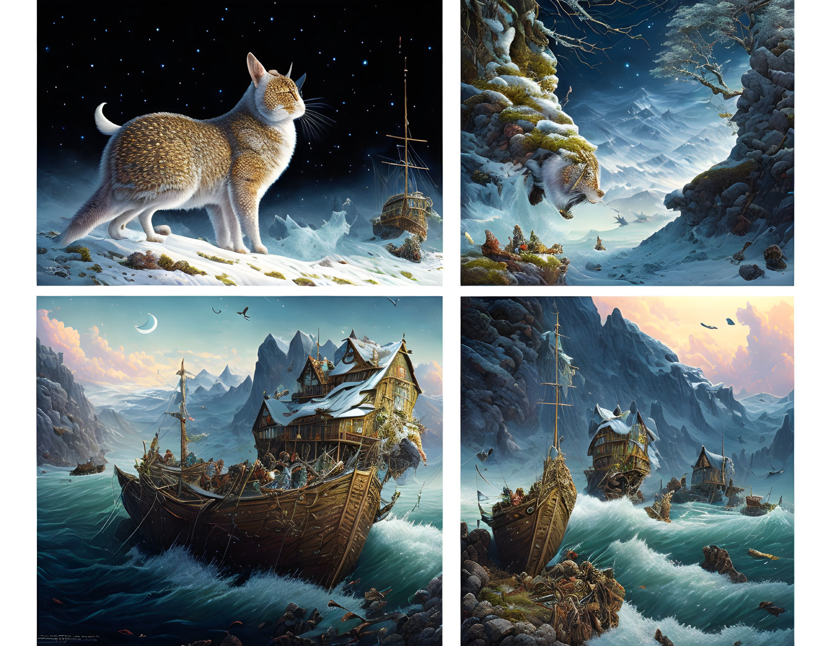 Fantasy landscapes with large cat: starry night, snowy mountain, sea village, shipwreck