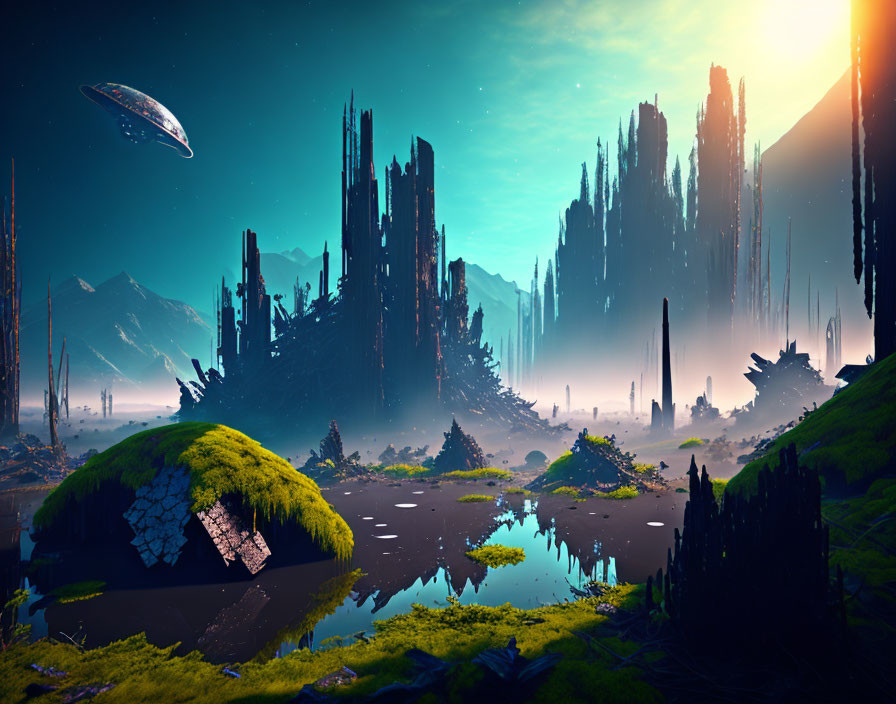 Futuristic landscape with crystalline formations, spaceship, and verdant hills