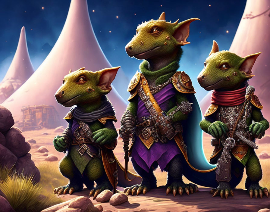 Fantasy-themed image with three reptiles in armor against a starry mountain landscape