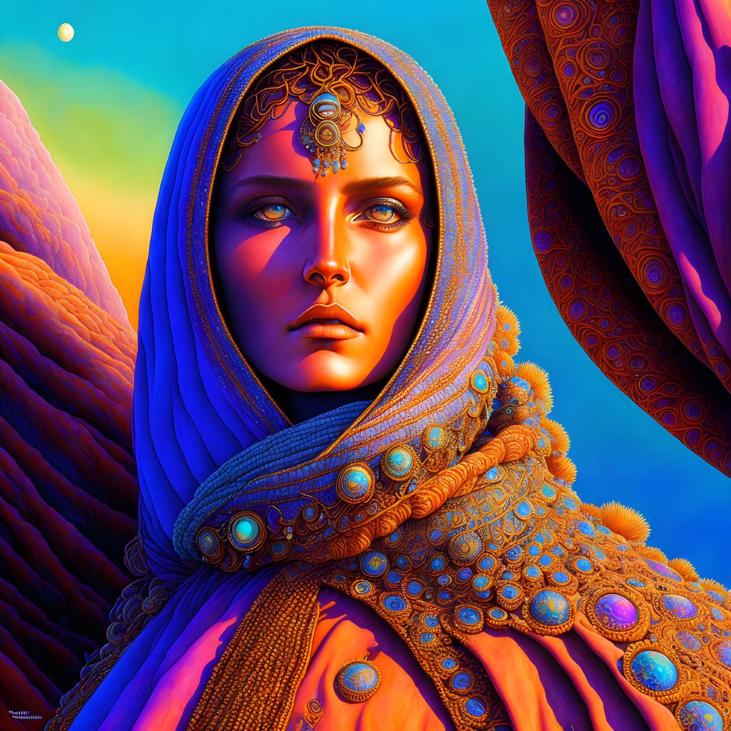 Mystical woman in ornate orange shawl against vibrant blue background