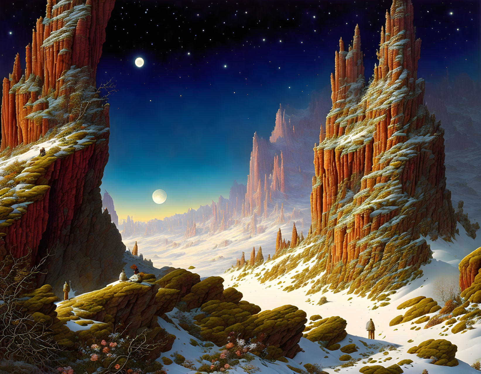 Fantastical landscape with red rock formations, snow, night sky, moons & tiny figures