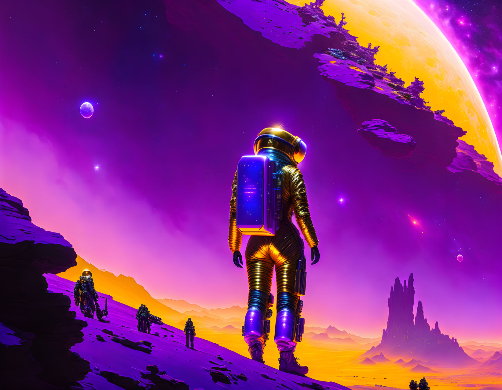 Alien landscape: Astronauts on purple sky planet with moons & floating rocks