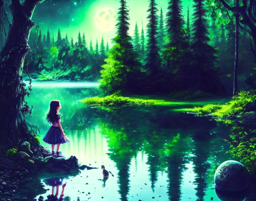 Girl in dress by tranquil lake at night with green aurora sky and glowing orb