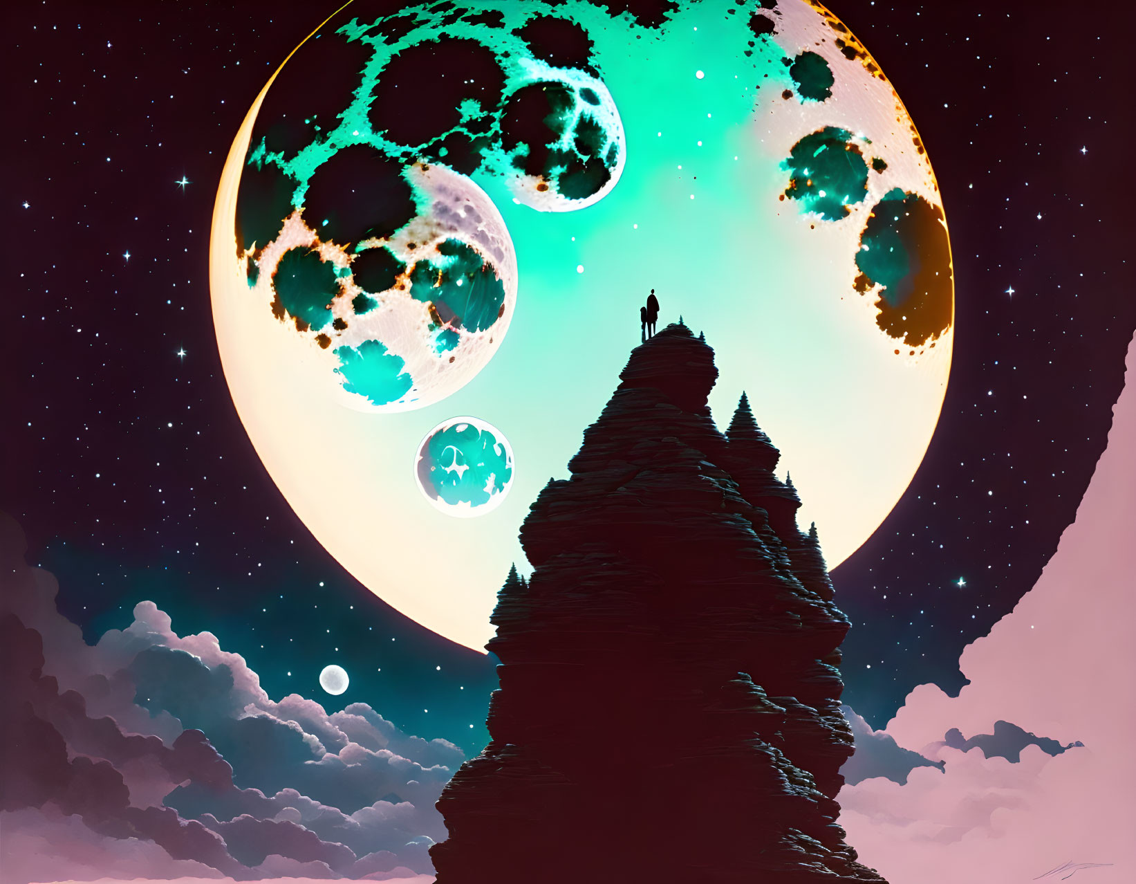 Surreal digital art: person on rock gazes at multiple moons