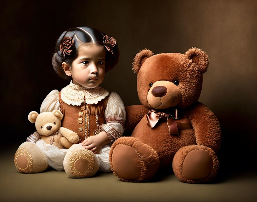 Young child with solemn expression next to two teddy bears in vintage clothing