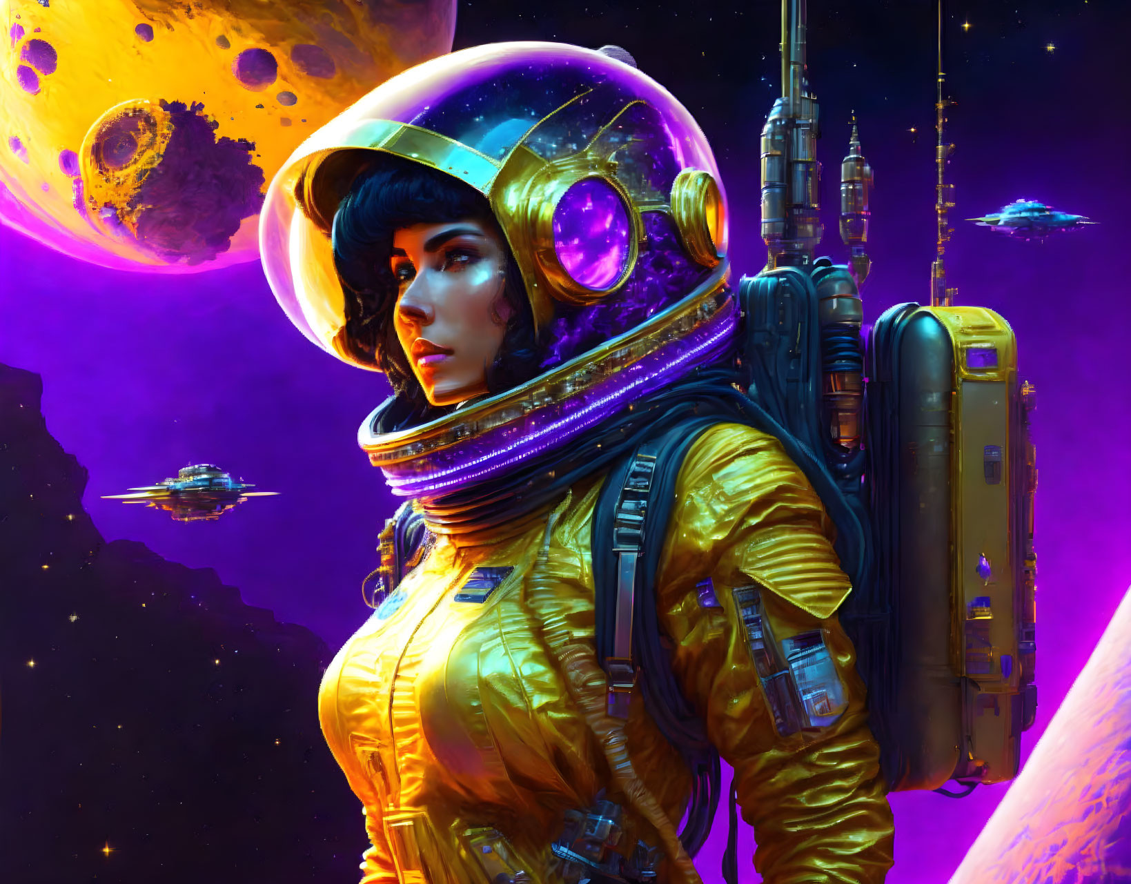 Female astronaut in yellow spacesuit against cosmic backdrop