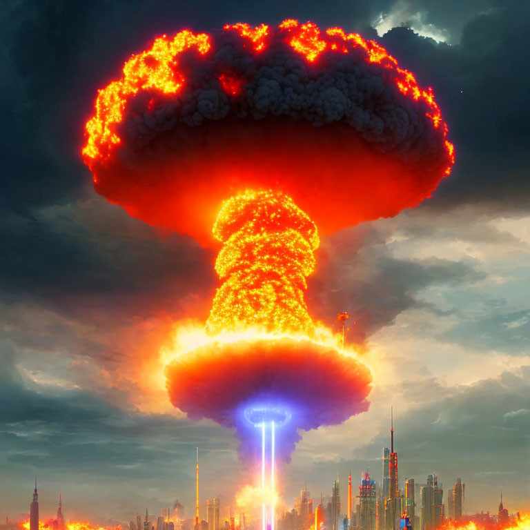 Apocalyptic mushroom cloud explosion over cityscape at sunset