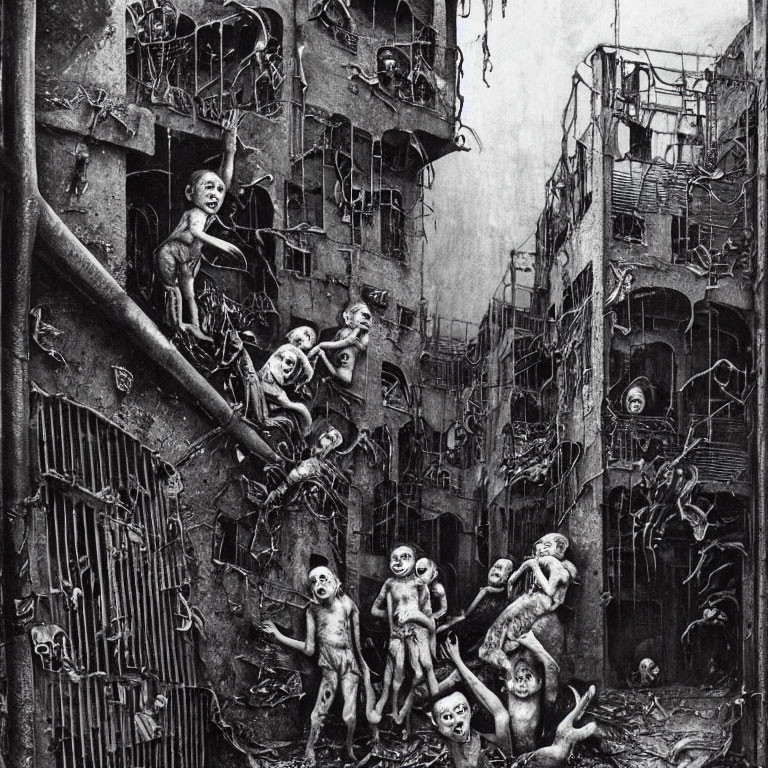 Monochrome dystopian illustration of distressed figures in a decaying interior