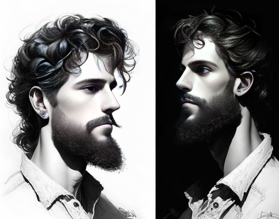 Split image: Man with beard and curly hair, light vs. shadow contrast