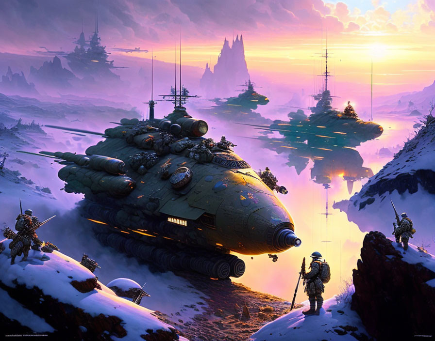 Futuristic landscape with soldiers, warships, towers, and vibrant sky