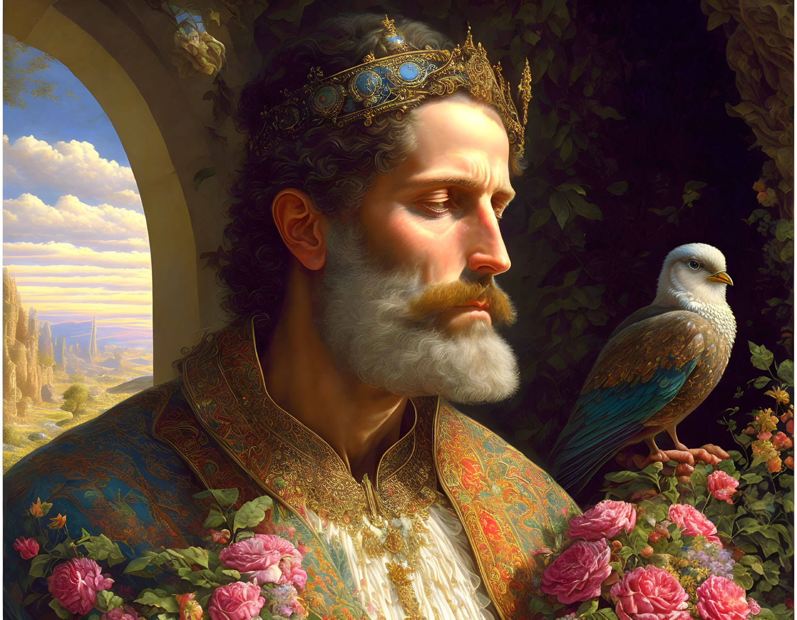 Regal bearded king with crown and bird in ornate robes against sunset backdrop