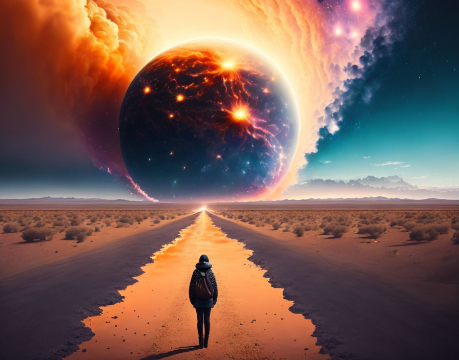 Person gazes at surreal planet on desert road