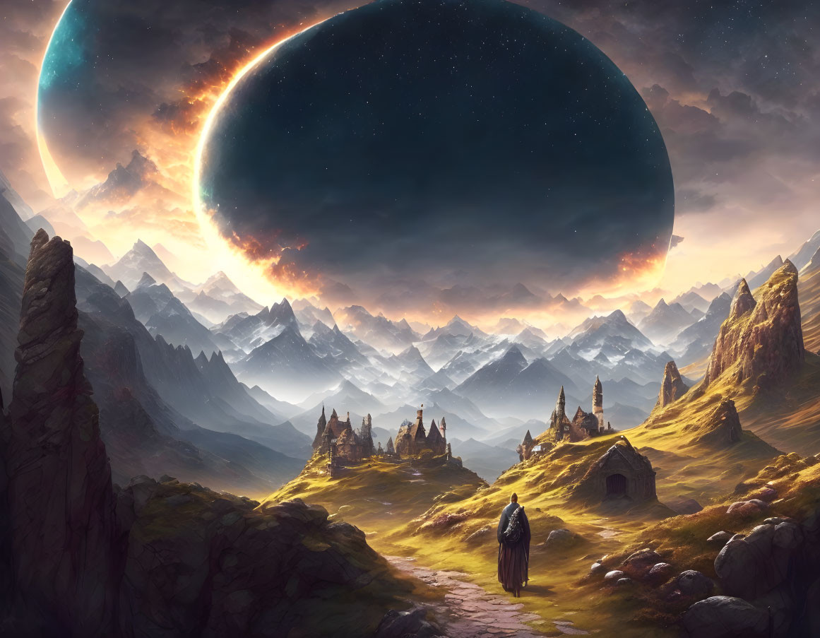 Cloaked Figure in Surreal Landscape with Mountains and Temples