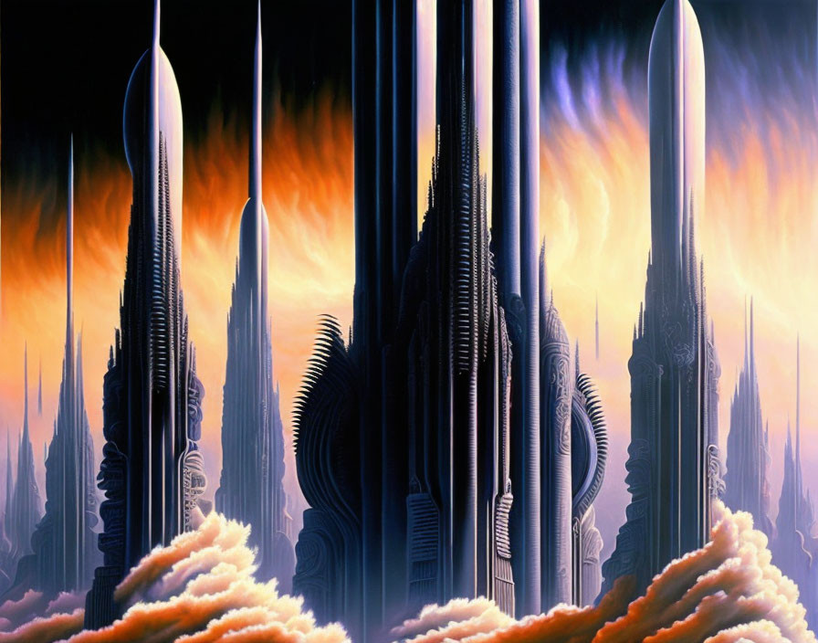 Futuristic towers and spacecraft in fiery sky