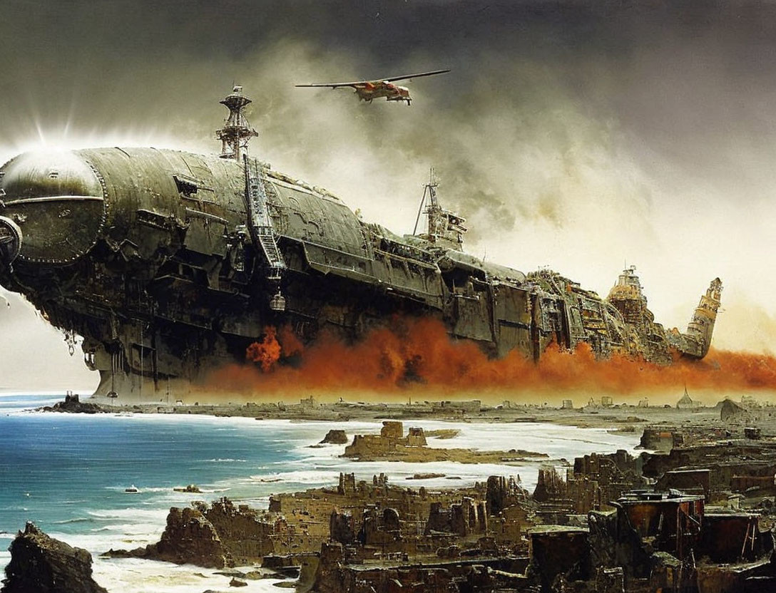 Enormous wrecked spaceship near coastline with ruins and helicopter in stormy sky