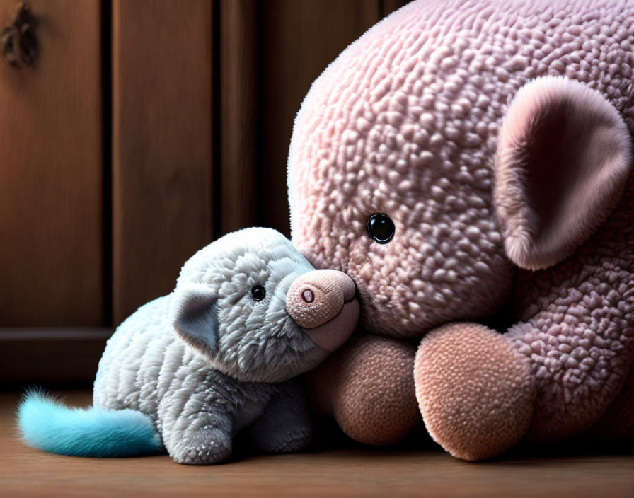 Pink plush pig and grey cat cuddle on wooden surface