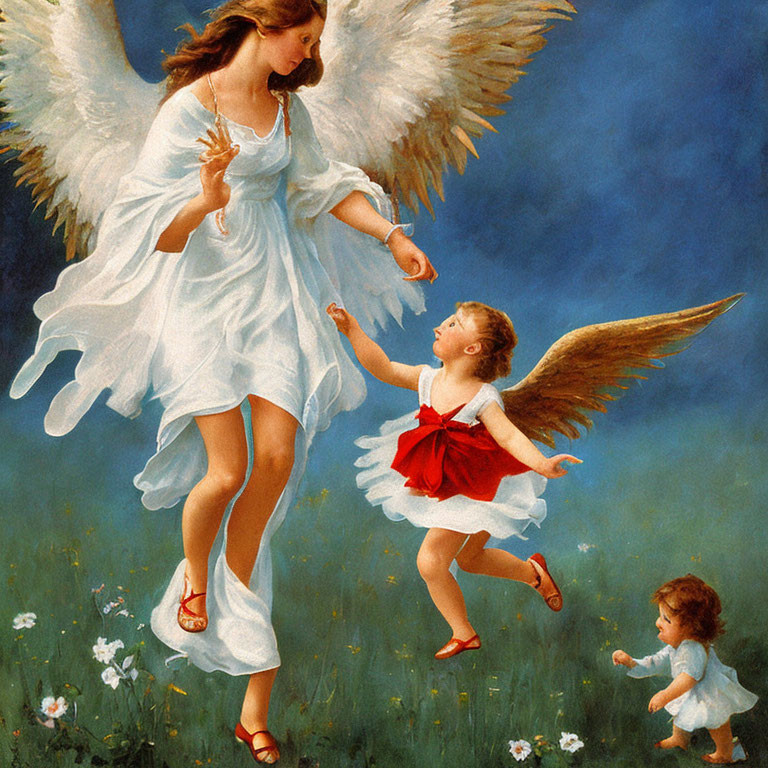 White angel leads winged children in flowery field under blue sky