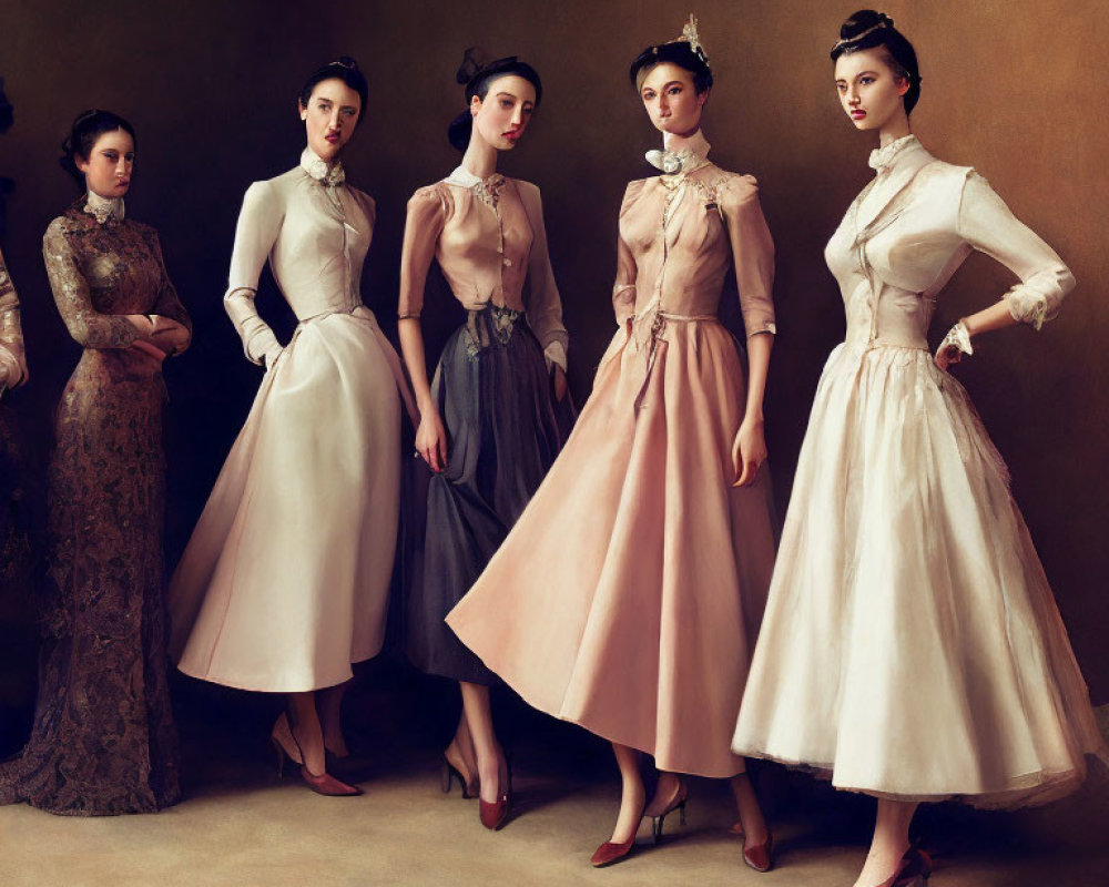 Vintage-style dresses on four elegant women against a muted backdrop