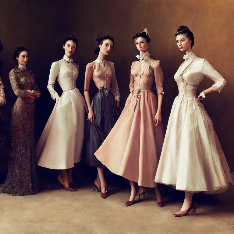 Vintage-style dresses on four elegant women against a muted backdrop