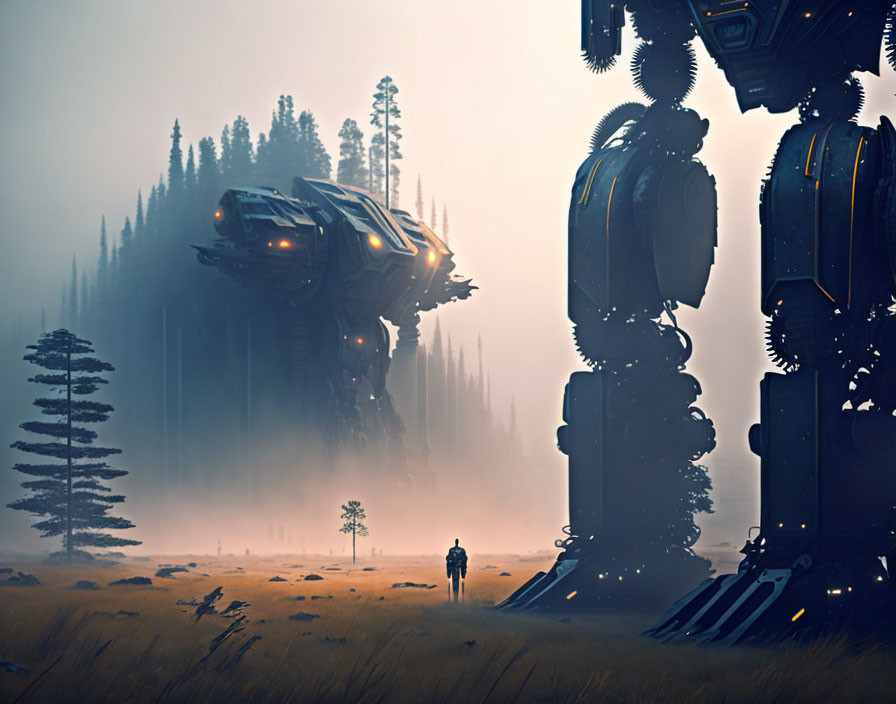 Person in misty field with futuristic robots and forest backdrop