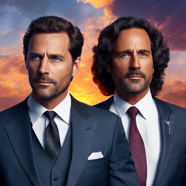 Identical Men in Suits with Different Hairstyles and Ties on Dramatic Sky Background