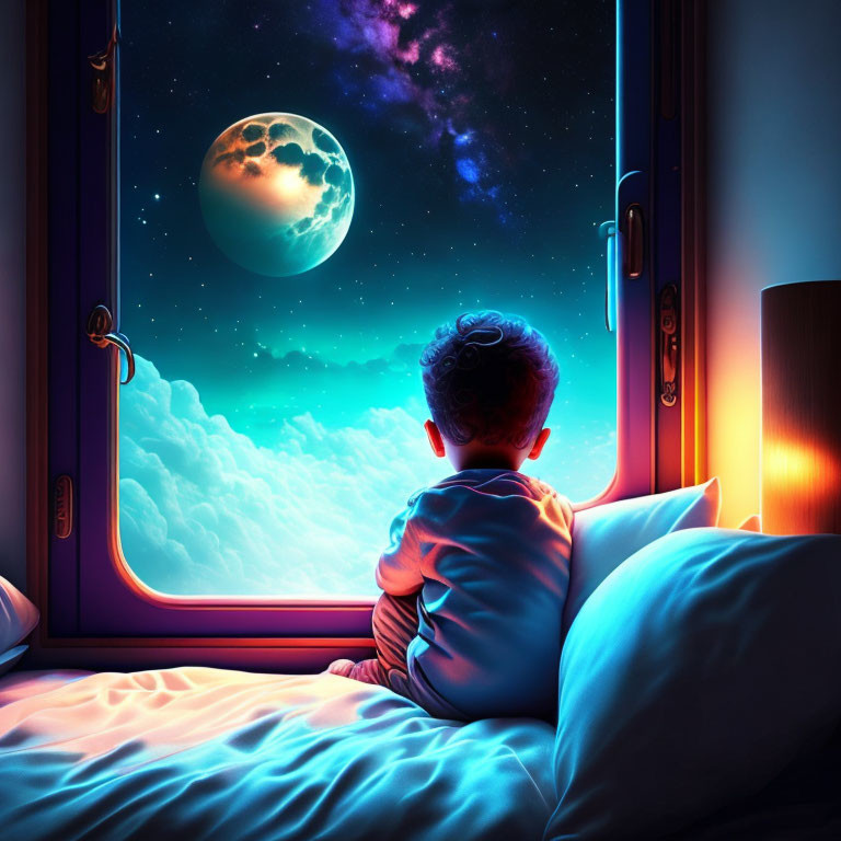 Child Sitting on Bed Looking at Bright Moon and Stars