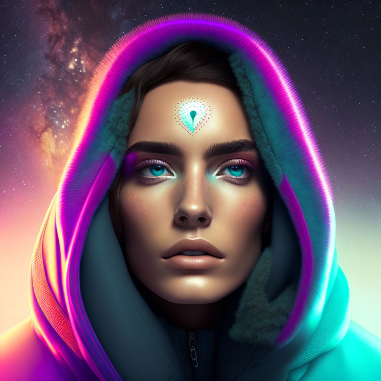 Digital portrait of person with neon hood, vivid makeup, and cosmic backdrop