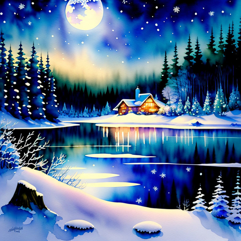 Snowy lakeside cabin under starry sky and full moon