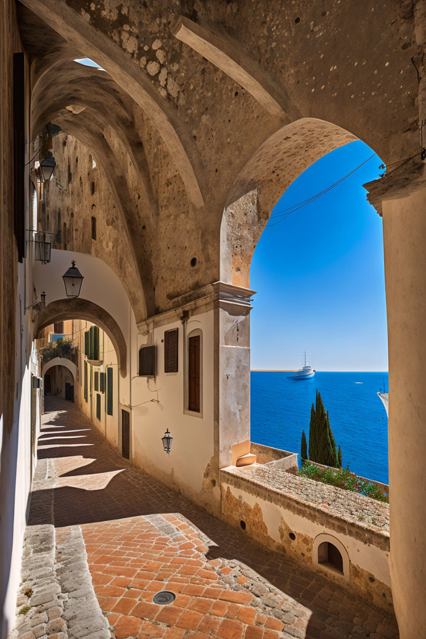 European Coastal Town: Arched Passageway Overlooking Sea & Sailboat