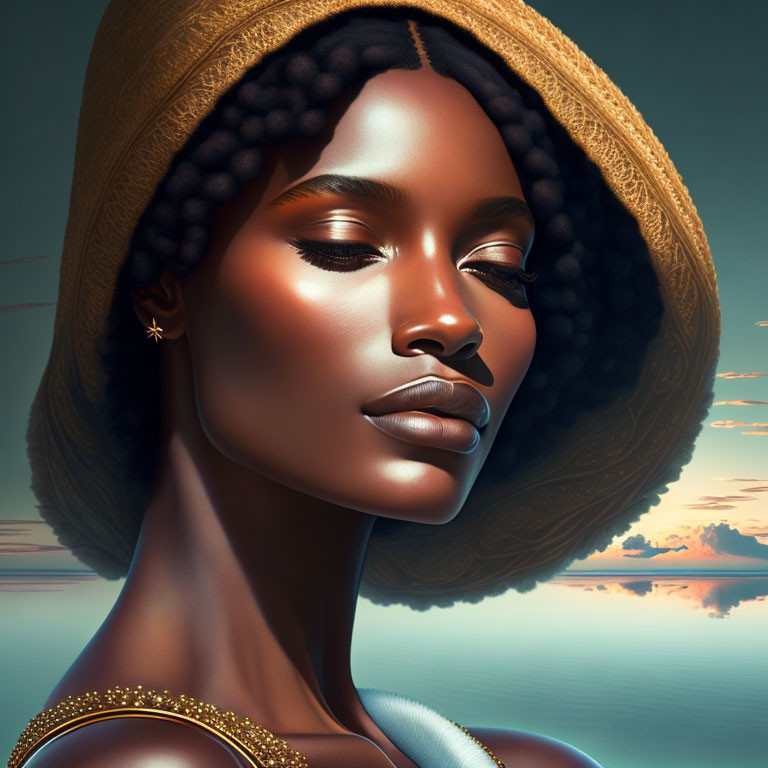 Digital portrait of woman with glowing skin in wide-brimmed hat and golden earrings against serene sunset sky