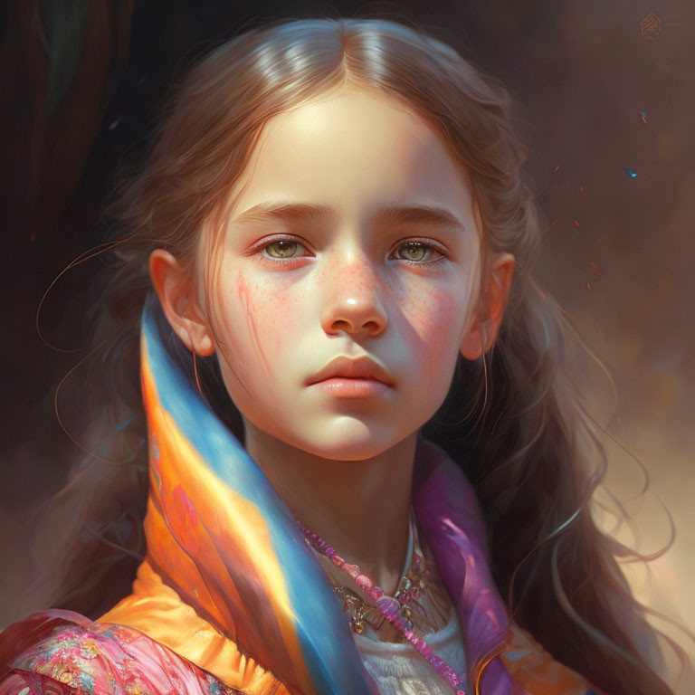 Detailed digital artwork: Young girl with flowing hair, colorful scarf, and pensive gaze